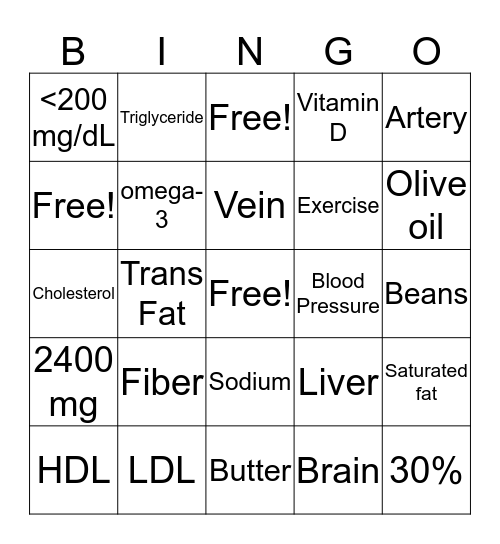 Heart Health  Bingo Card