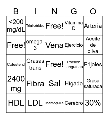 Heart Health  Bingo Card