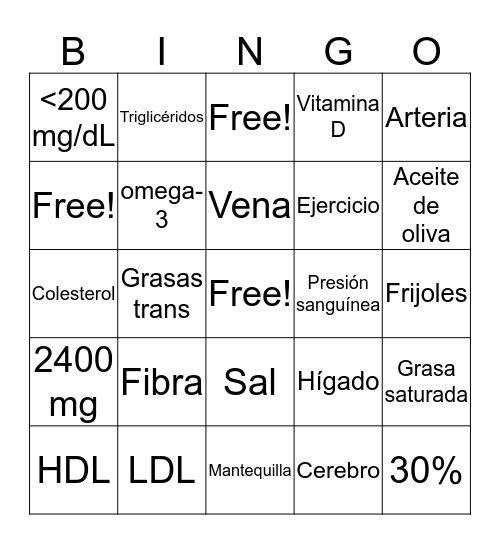 Heart Health  Bingo Card