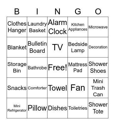 Dorm Bingo Board  Bingo Card