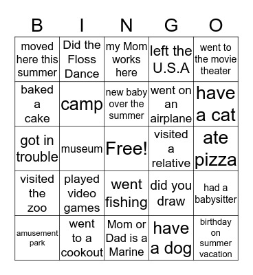 Back to School Bingo Card