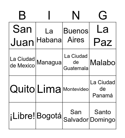 Spanish-Speaking Capitals Bingo Card