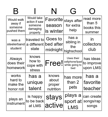 LMS Steeler Bingo Card