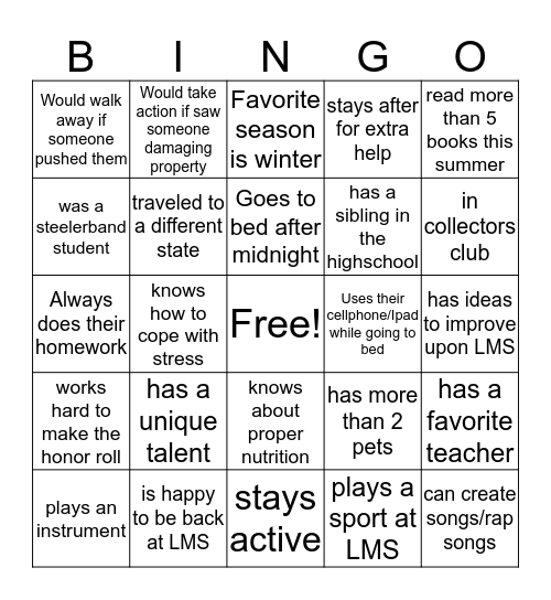 LMS Steeler Bingo Card