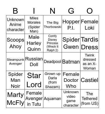 Dragon Con Cosplay Bingo Card