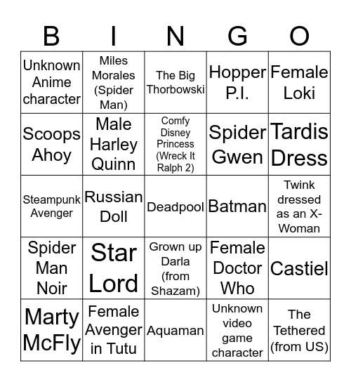 Dragon Con Cosplay Bingo Card