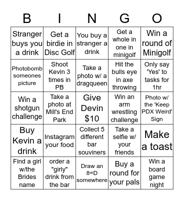 Kevin's Bachelor Party Bingo Card