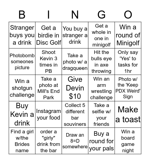 Kevin's Bachelor Party Bingo Card