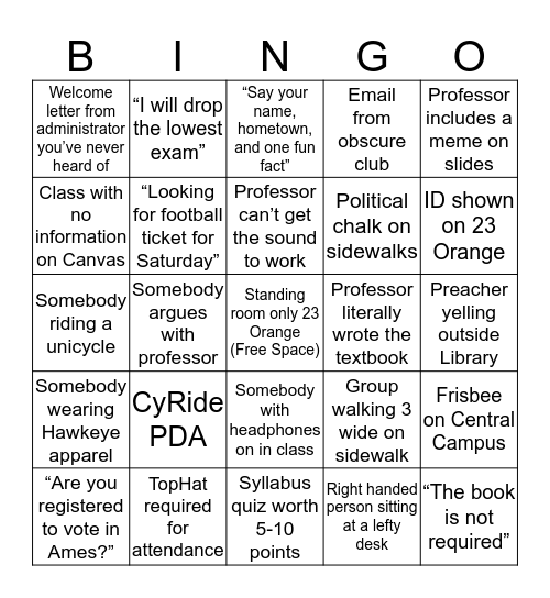 First Week of Class Bingo Card