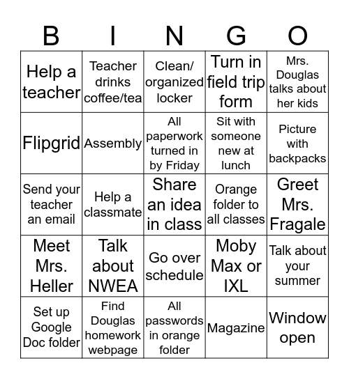 First week of RMG 6th Grade Bingo Card