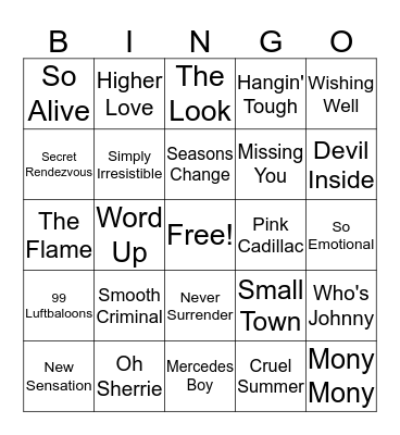 80's Hits 2 Bingo Card