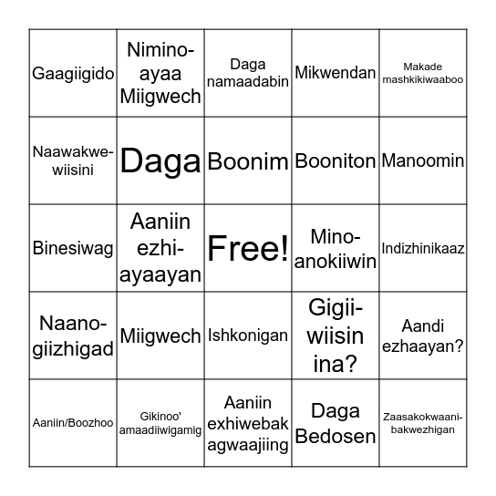 Ojibwemowin Bingo Card