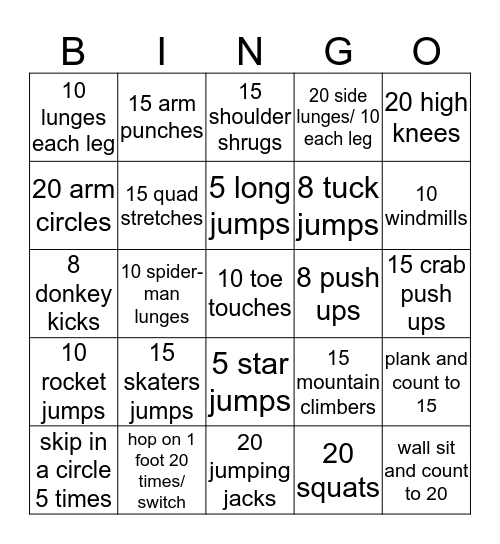 Exercise Bingo  Bingo Card