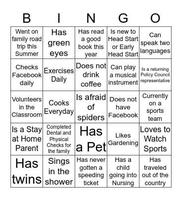 Parent Orientation Bingo Card