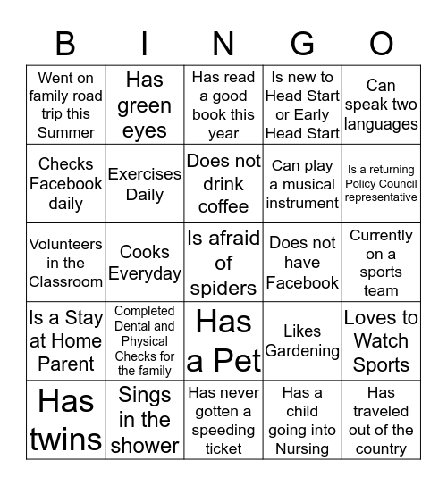 Parent Orientation Bingo Card