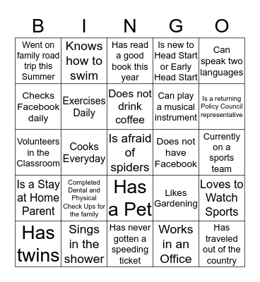 Parent Orientation Bingo Card