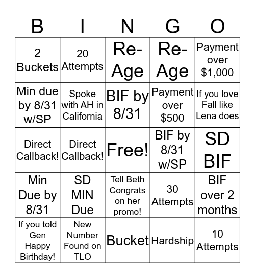 August BINGO! (Secured Payments ONLY) Bingo Card