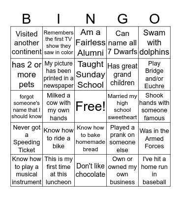 Life Experiences Bingo Card
