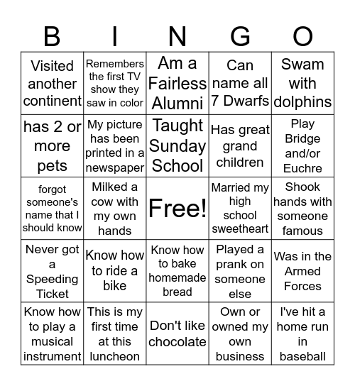 Life Experiences Bingo Card