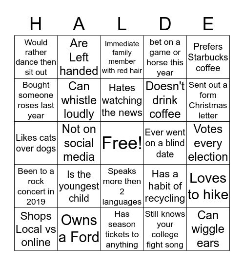 Haldeman Reunion 2019 Bingo Card