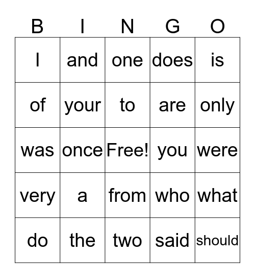 Sight Word BINGO Card