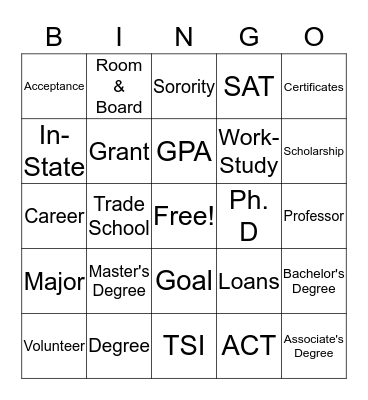 College Bingo Card