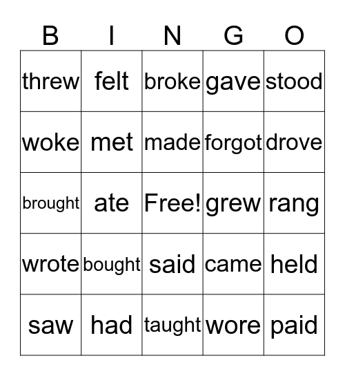 Regular and Irregular Verbs Bingo Card