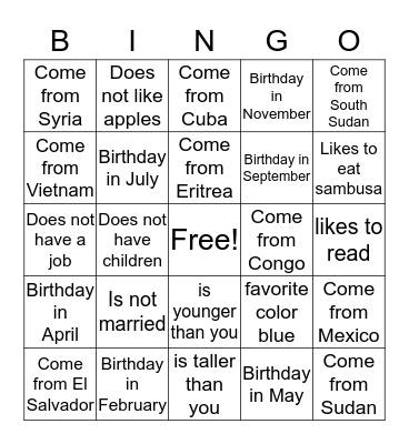 Get To Know You BINGO Card