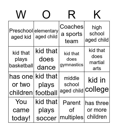 Working Parents Bingo Card