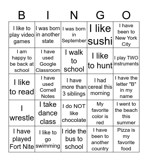 Find a Friend Bingo Card