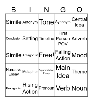 Middle School ELA Bingo Card