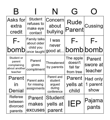 Parent Teacher Conferences  Bingo  Bingo Card