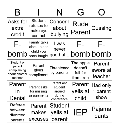Parent Teacher Conferences  Bingo  Bingo Card