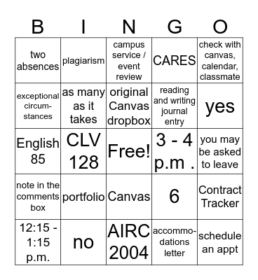 English 10 Syllabus Bingo  Bingo Card