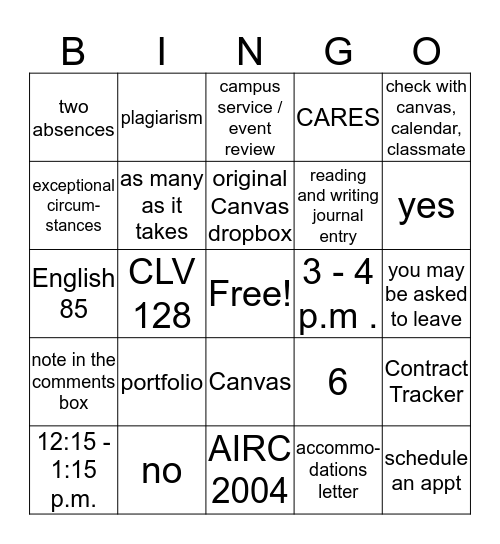 English 10 Syllabus Bingo  Bingo Card