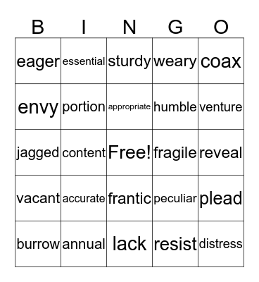 Vocabulary Bingo Card