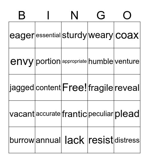 Vocabulary Bingo Card