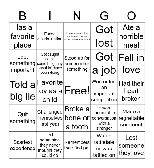 First Day Bingo Card