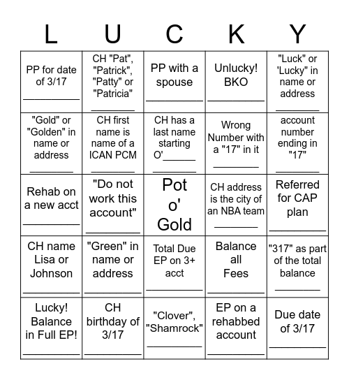 Luck o' the Irish Bingo Card