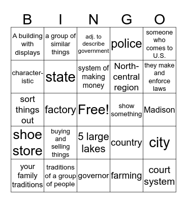 Wisconsin Definitions Bingo Card