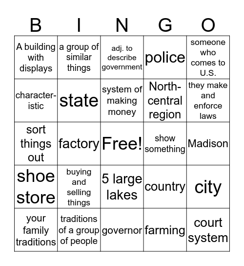 Wisconsin Definitions Bingo Card