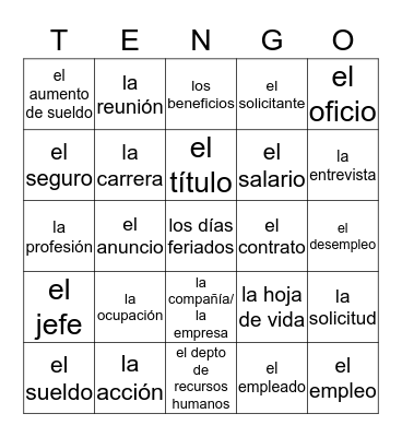 Spanish 4 U1: Work Vocabulary Practice Bingo Card