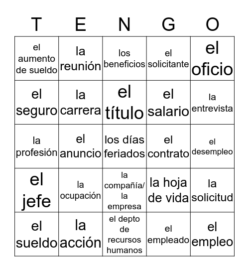Spanish 4 U1: Work Vocabulary Practice Bingo Card