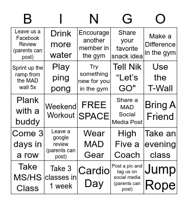 MAD FITNESS YOUTH Bingo Card