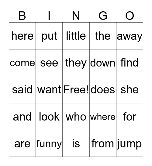 Sight Word Bingo Card