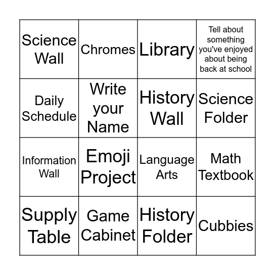 Back to School Night Bingo Card