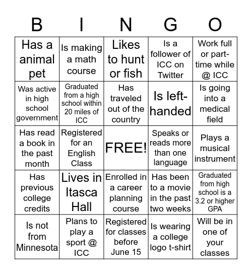 New Student Bingo Card