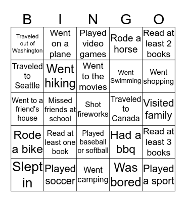 What Did You Do This Summer? Bingo Card