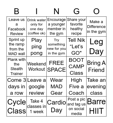 MAD FITNESS ADULT Bingo Card