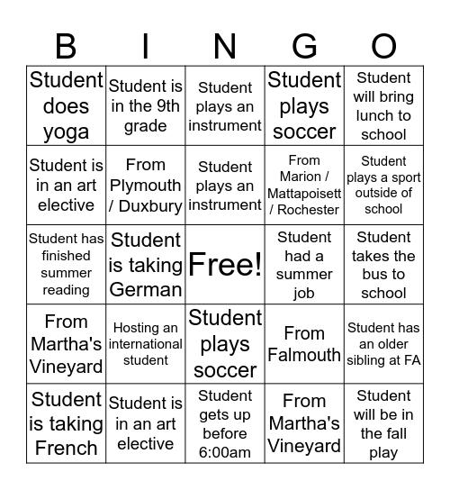 FA Parent Bingo 1 Bingo Card